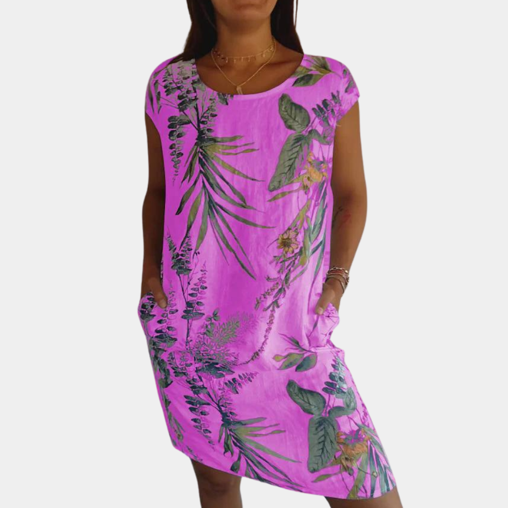 Robe Femme Décontractée Col Rond Manches Courtes Imprimé Fleurs et Feuilles Idéale Été Vacances Confort Quotidien