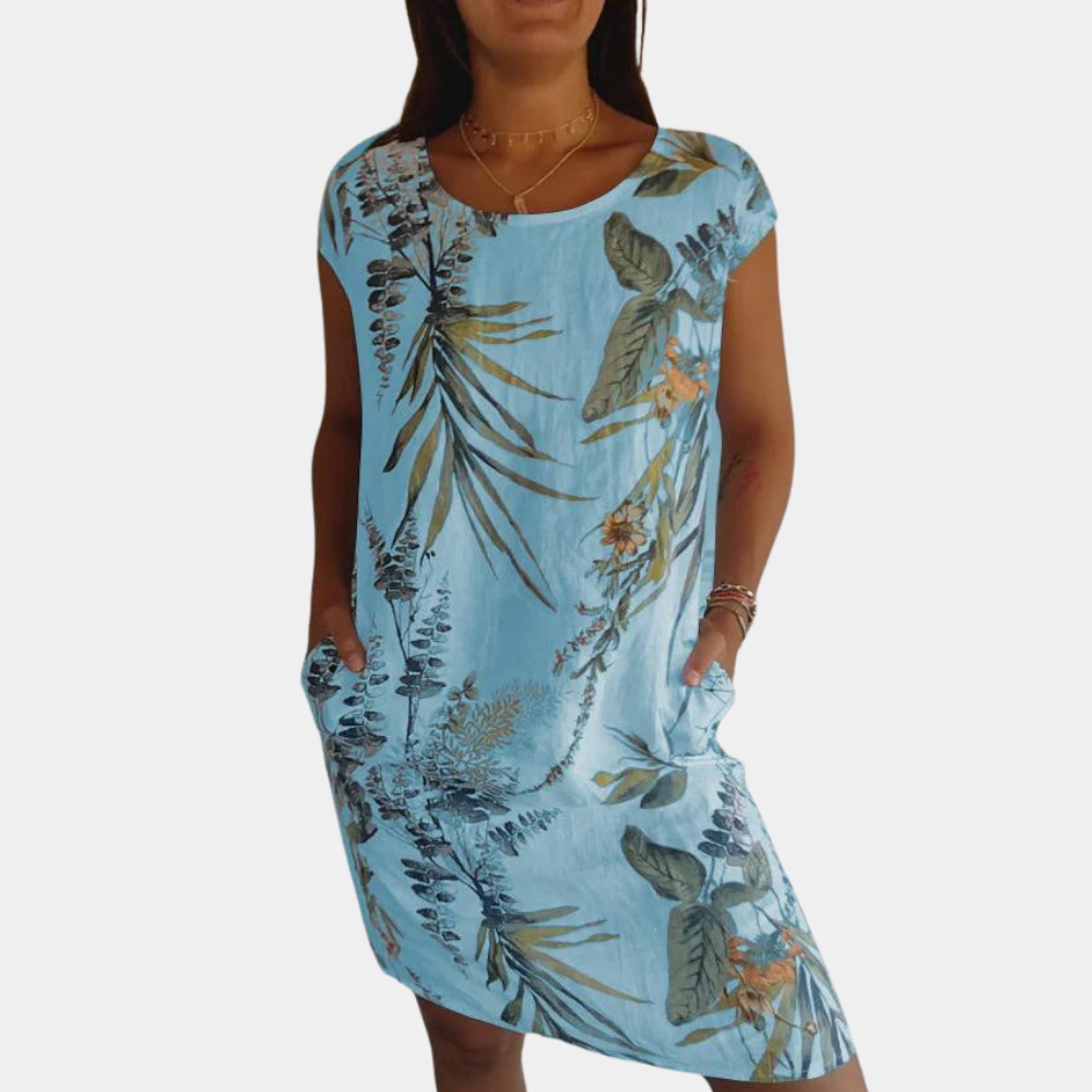 Robe Femme Décontractée Col Rond Manches Courtes Imprimé Fleurs et Feuilles Idéale Été Vacances Confort Quotidien