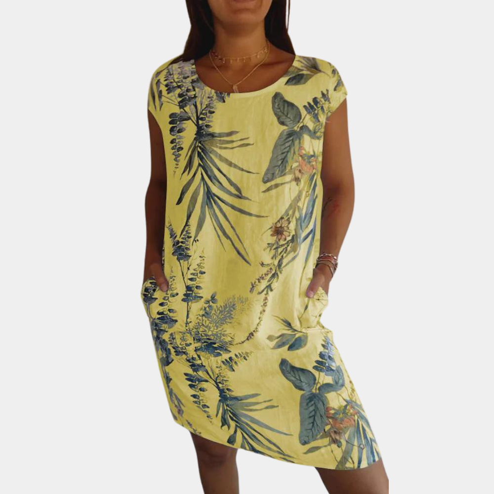 Robe Femme Décontractée Col Rond Manches Courtes Imprimé Fleurs et Feuilles Idéale Été Vacances Confort Quotidien
