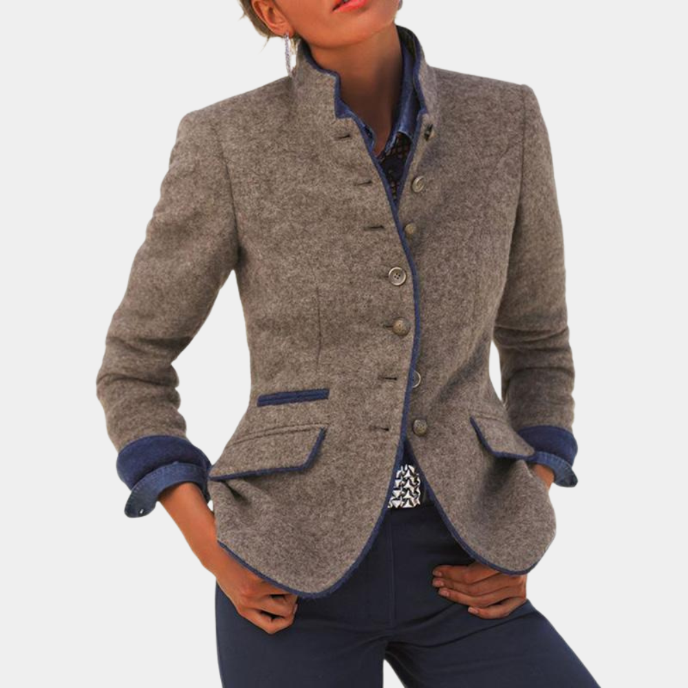 Blazer Femme Coupe Tailorée Col Mandarin Fermeture Boutons Tissu Texturé Pour Professionnel Décontracté