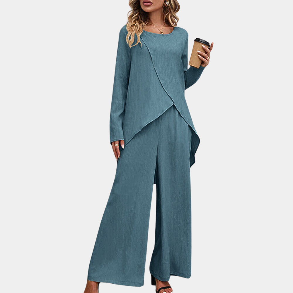 Ensemble Deux Pièces Femme Blouse Asymétrique et Pantalon Large À Jambe Évasée Élégant Confortable