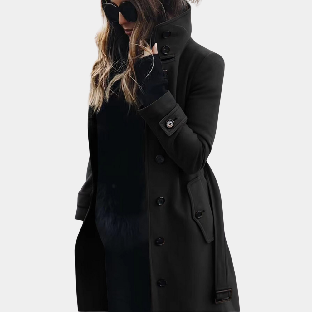 Manteau Long Femme À Coupe Ajustee Double Boutonnage Col Haut Poches À Rabat Pour Automne Et Hiver