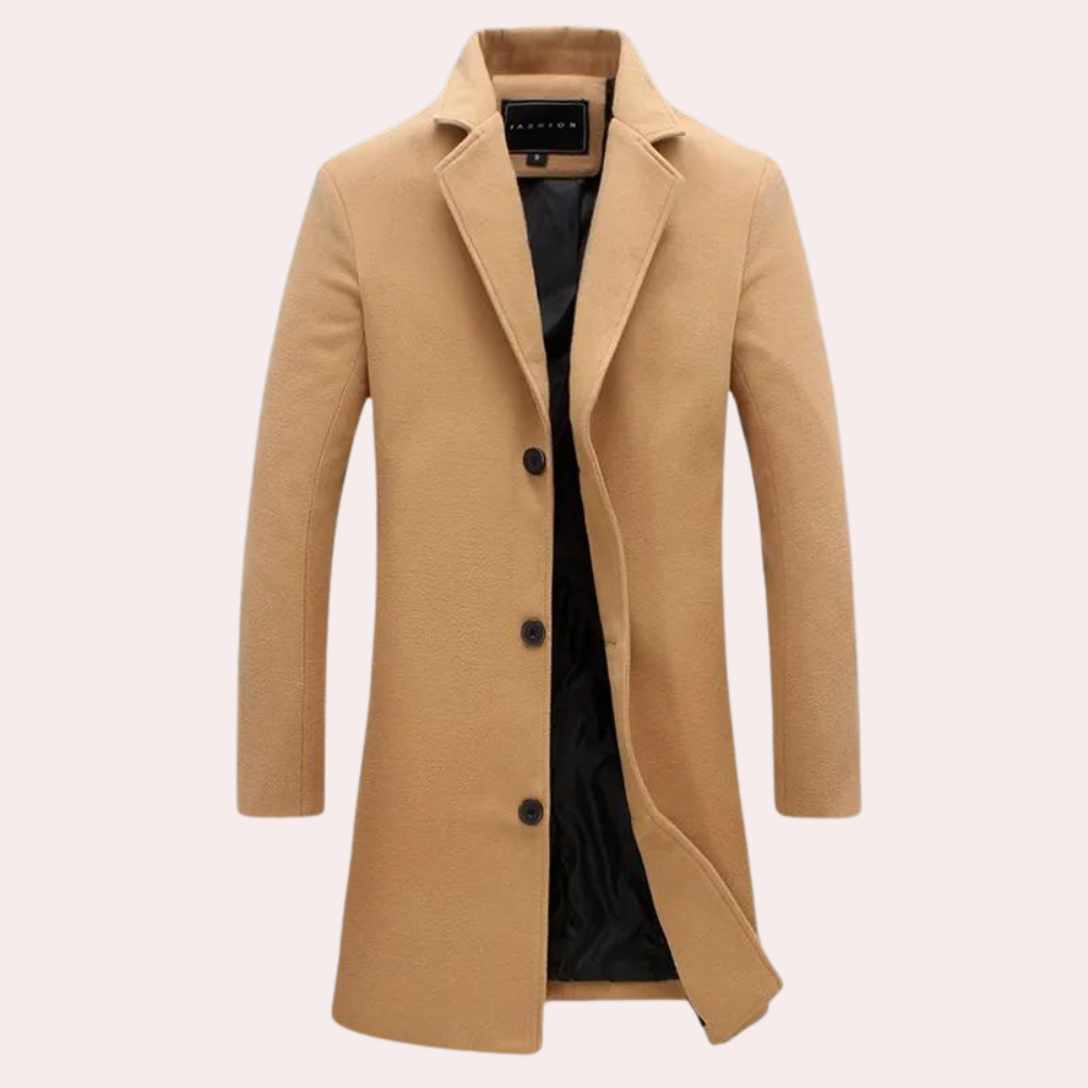 Manteau Homme En Mélange De Laine À Simple Boutonnage Coupe Cintrée Longueur Genou Camel Élégant