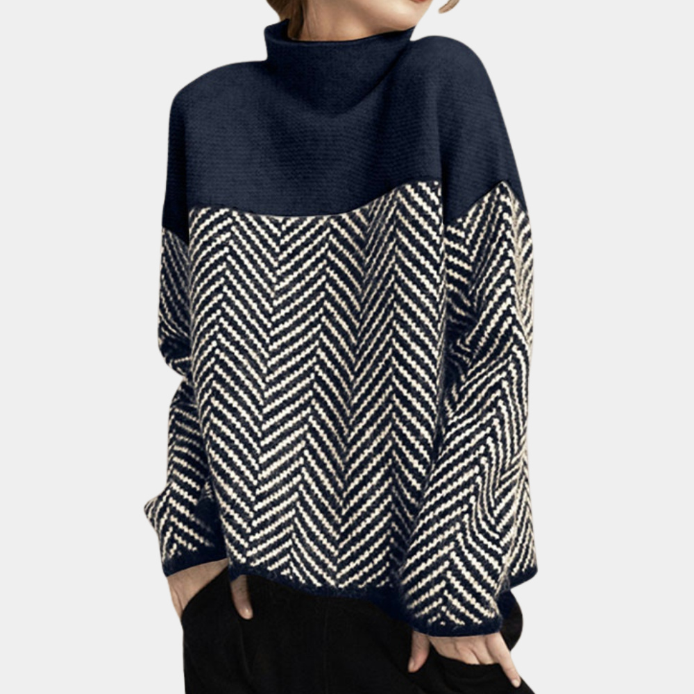 Pull Maille Oversize Femme Col Roulé Haut En Laine Mélangée Motif Chevrons Style Nordique Chaud