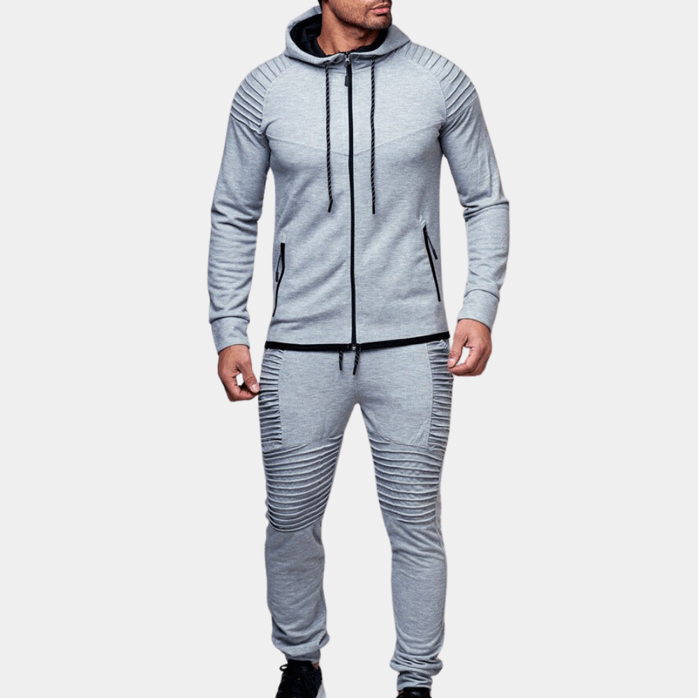 Ensemble Pour Homme En Mélange Coton Hoodie Avec Zip Et Joggers Vert Olive Détails Côtelés Pour Sport