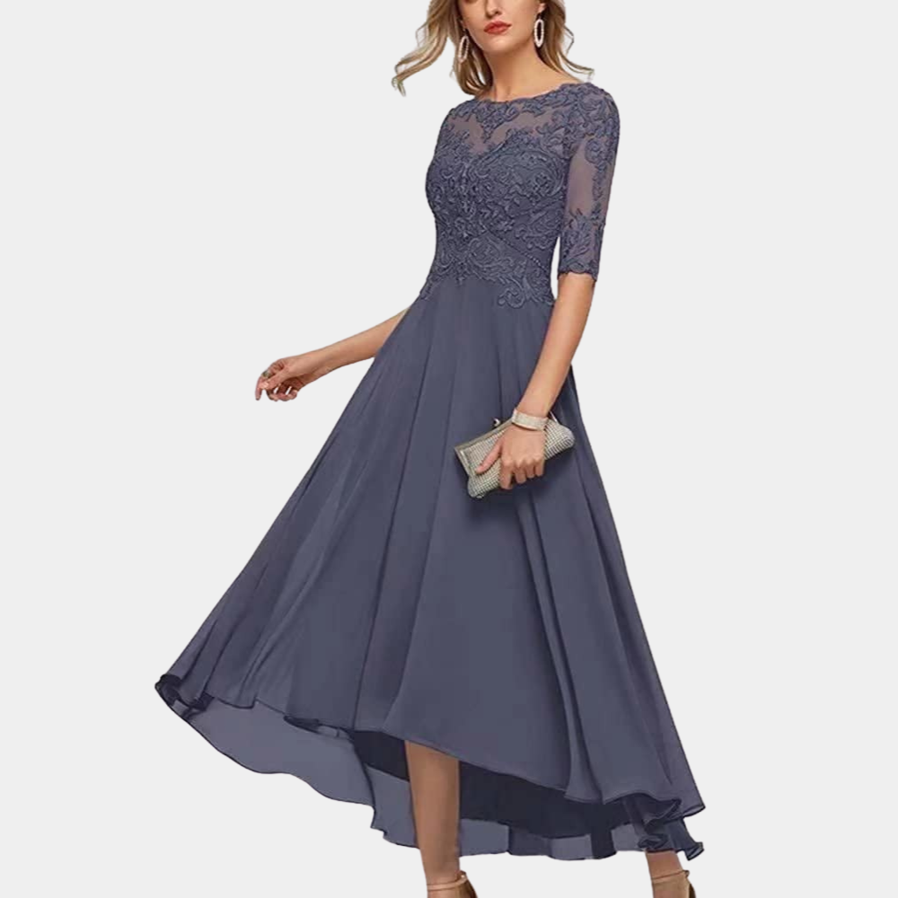Robe De Soirée Pour Femme À Coupe Trapèze Col Bateau Corsage En Dentelle Manches Trois Quarts Longueur Au Sol