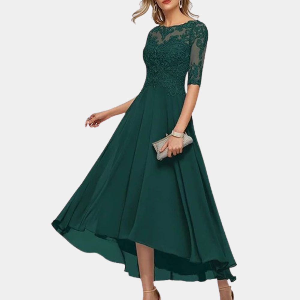 Robe De Soirée Pour Femme À Coupe Trapèze Col Bateau Corsage En Dentelle Manches Trois Quarts Longueur Au Sol