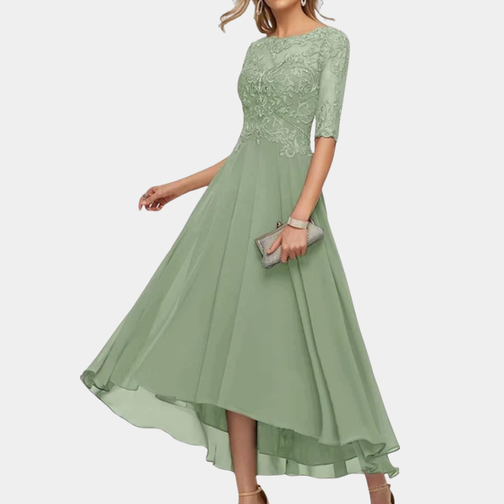 Robe De Soirée Pour Femme À Coupe Trapèze Col Bateau Corsage En Dentelle Manches Trois Quarts Longueur Au Sol