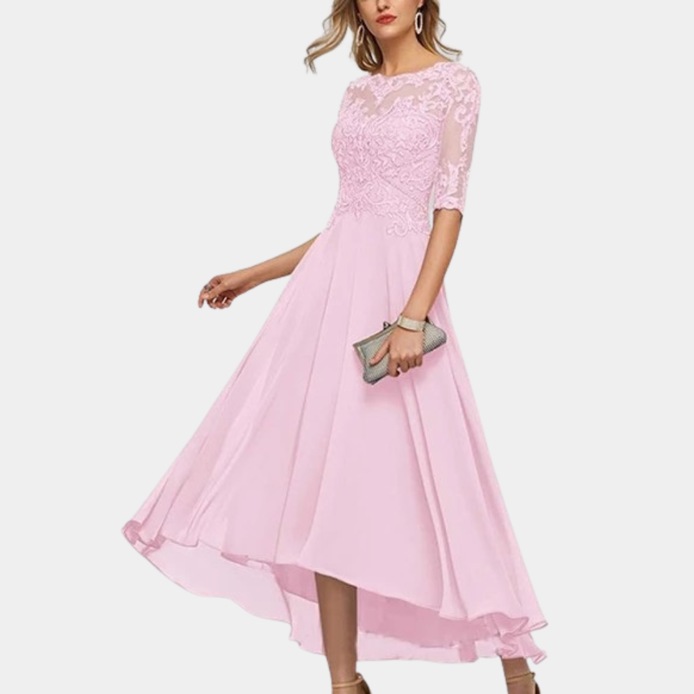 Robe De Soirée Pour Femme À Coupe Trapèze Col Bateau Corsage En Dentelle Manches Trois Quarts Longueur Au Sol