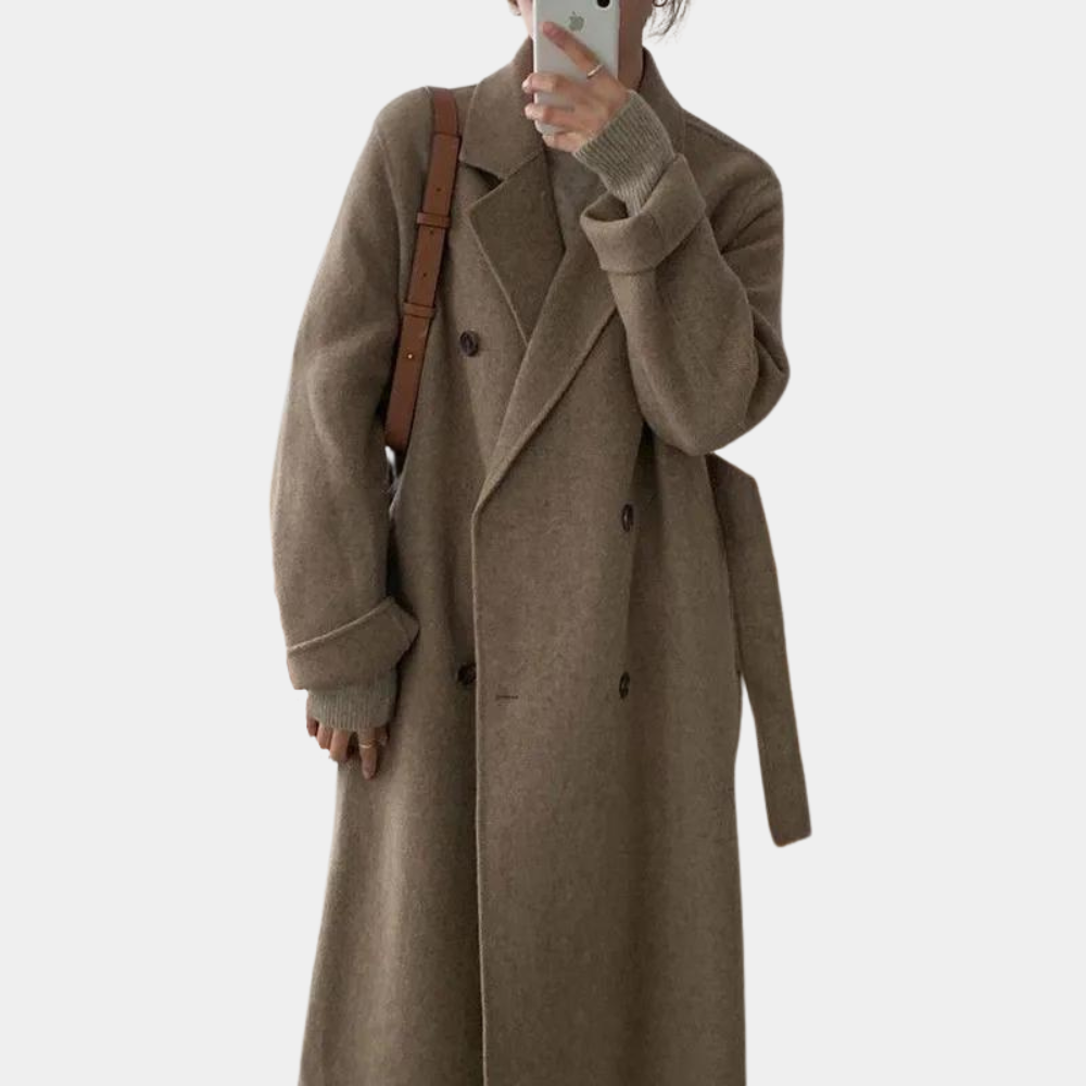 Manteau Femme Mélange de Laine à Double Boutonnage Coupe Classique Longueur Genou