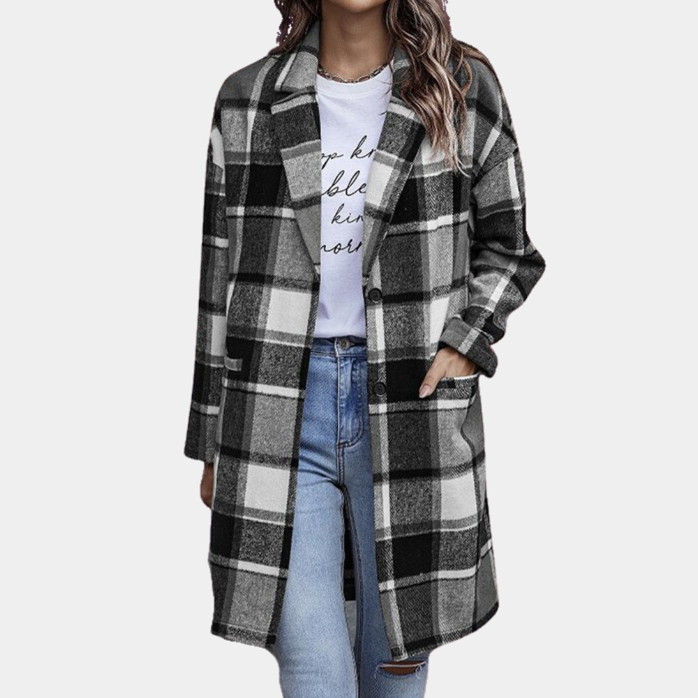 Manteau Femme Mélange De Laine À Carreaux Coupe Décontractée Longueur Genou Pour Automne Hiver