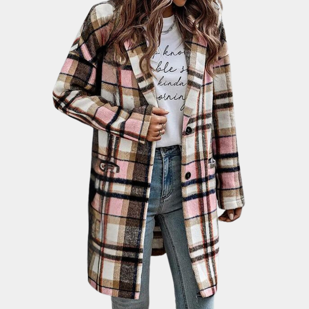 Manteau Femme Mélange De Laine À Carreaux Coupe Décontractée Longueur Genou Pour Automne Hiver