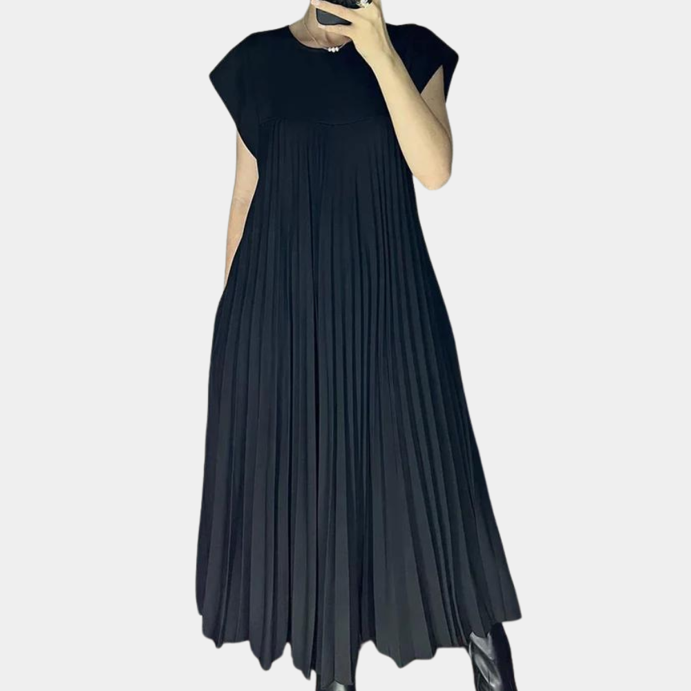 Robe Maxi Femme Plissée Encolure Ronde Manches Courtes Élégante et Aérienne Idéale Vacances