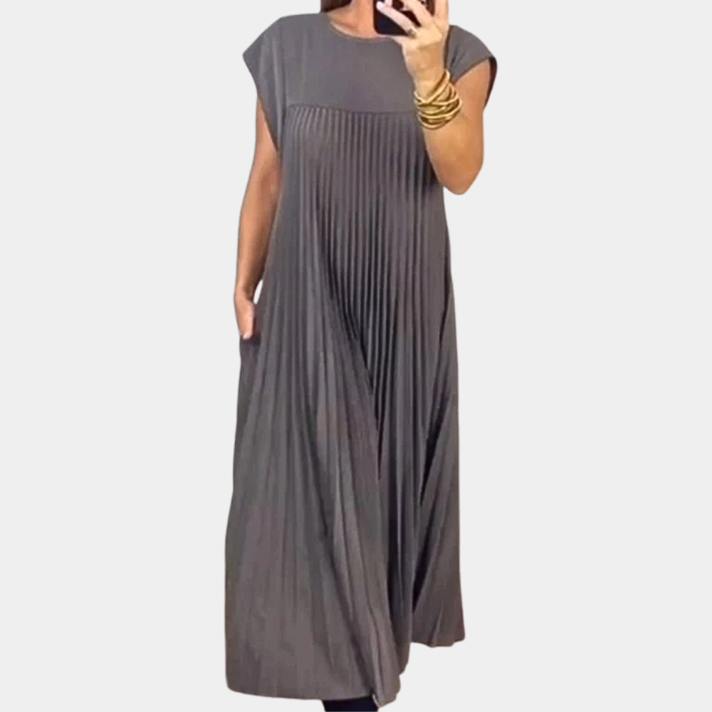 Robe Maxi Femme Plissée Encolure Ronde Manches Courtes Élégante et Aérienne Idéale Vacances