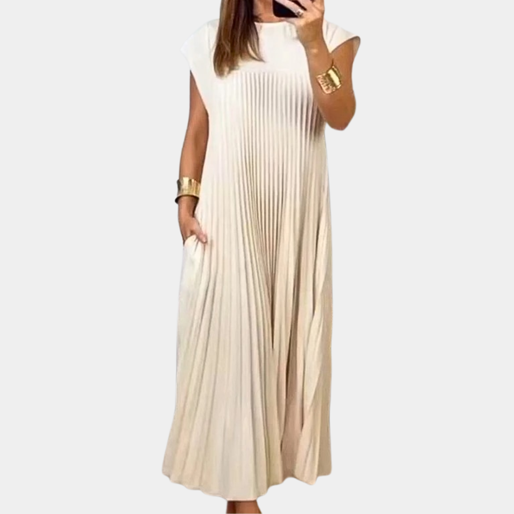 Robe Maxi Femme Plissée Encolure Ronde Manches Courtes Élégante et Aérienne Idéale Vacances
