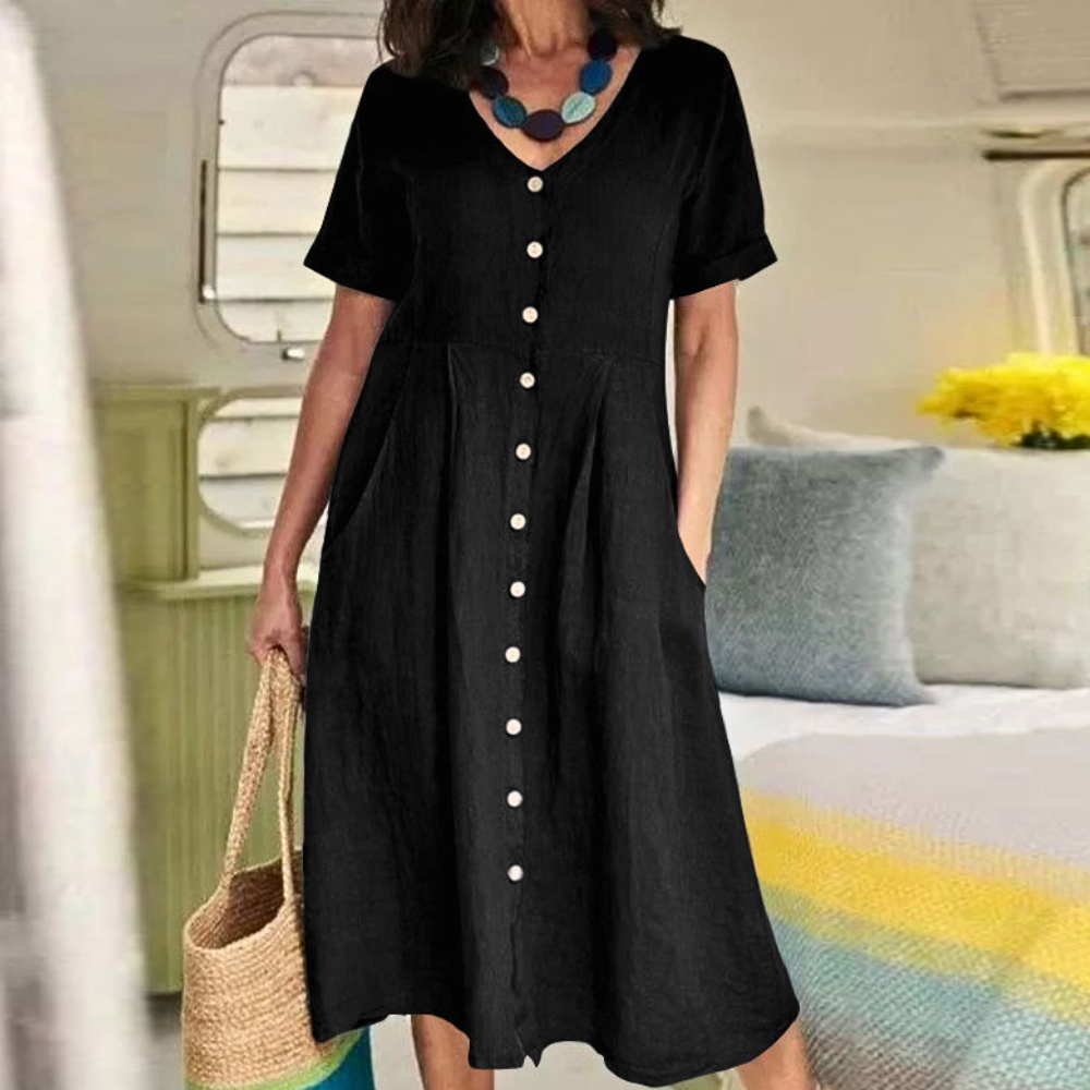 Robe Midi Femme Amawinc Dame Respirante A Ligne Avec Boutonnage Décolleté en V et Poches Pratiques