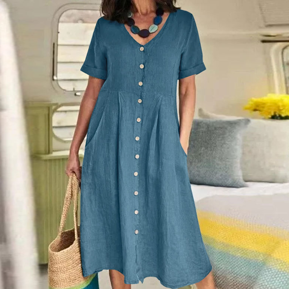 Robe Midi Femme Amawinc Dame Respirante A Ligne Avec Boutonnage Décolleté en V et Poches Pratiques