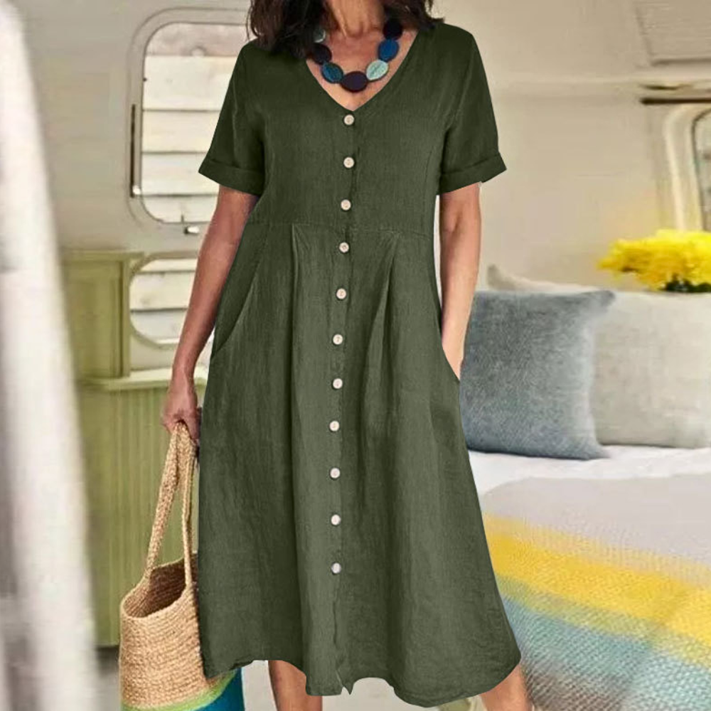 Robe Midi Femme Amawinc Dame Respirante A Ligne Avec Boutonnage Décolleté en V et Poches Pratiques