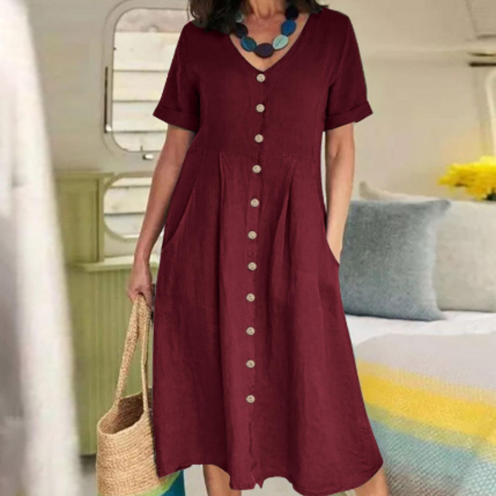 Robe Midi Femme Amawinc Dame Respirante A Ligne Avec Boutonnage Décolleté en V et Poches Pratiques
