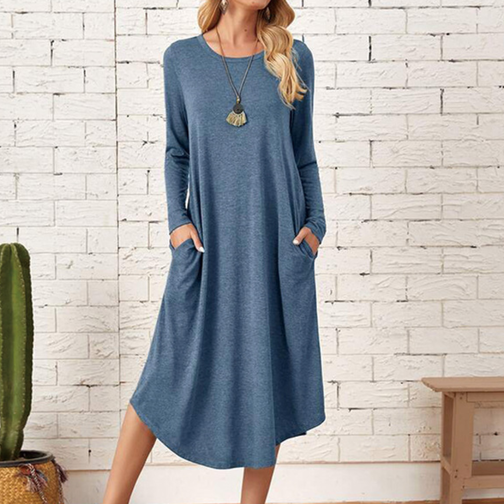 Robe Pour Femme Manches Longues Coupe Décontractée Col Rond Douce Et Légère Mélange Coton Viscose Pour Confort Quotidien