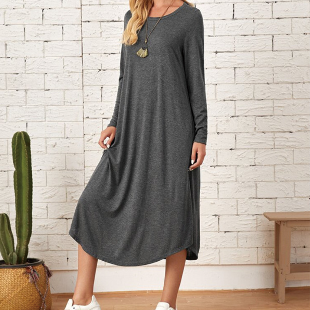 Robe Pour Femme Manches Longues Coupe Décontractée Col Rond Douce Et Légère Mélange Coton Viscose Pour Confort Quotidien