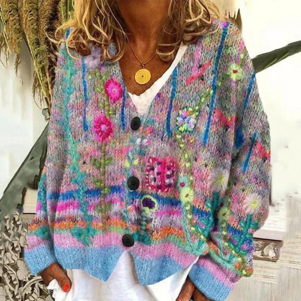Cardigan Femme Oversize Tricot Confortable Motif Floral Encolure V Boutons Pour Style Bohème Décontracté