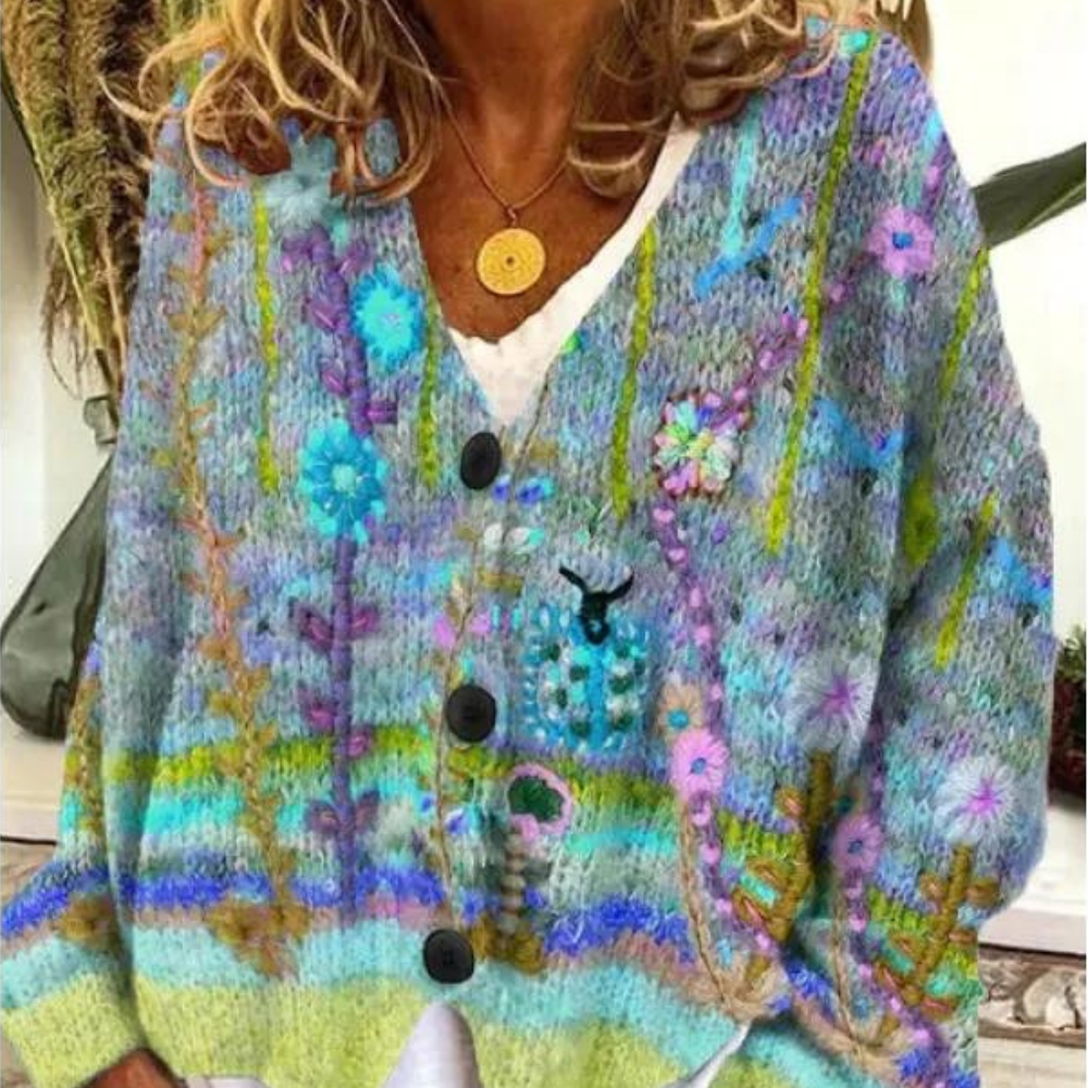 Cardigan Femme Oversize Tricot Confortable Motif Floral Encolure V Boutons Pour Style Bohème Décontracté