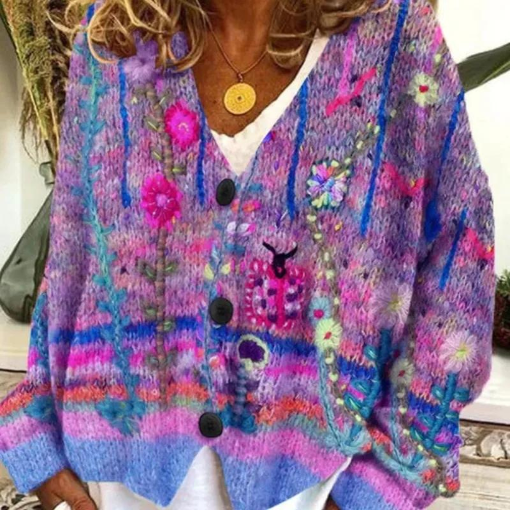 Cardigan Femme Oversize Tricot Confortable Motif Floral Encolure V Boutons Pour Style Bohème Décontracté