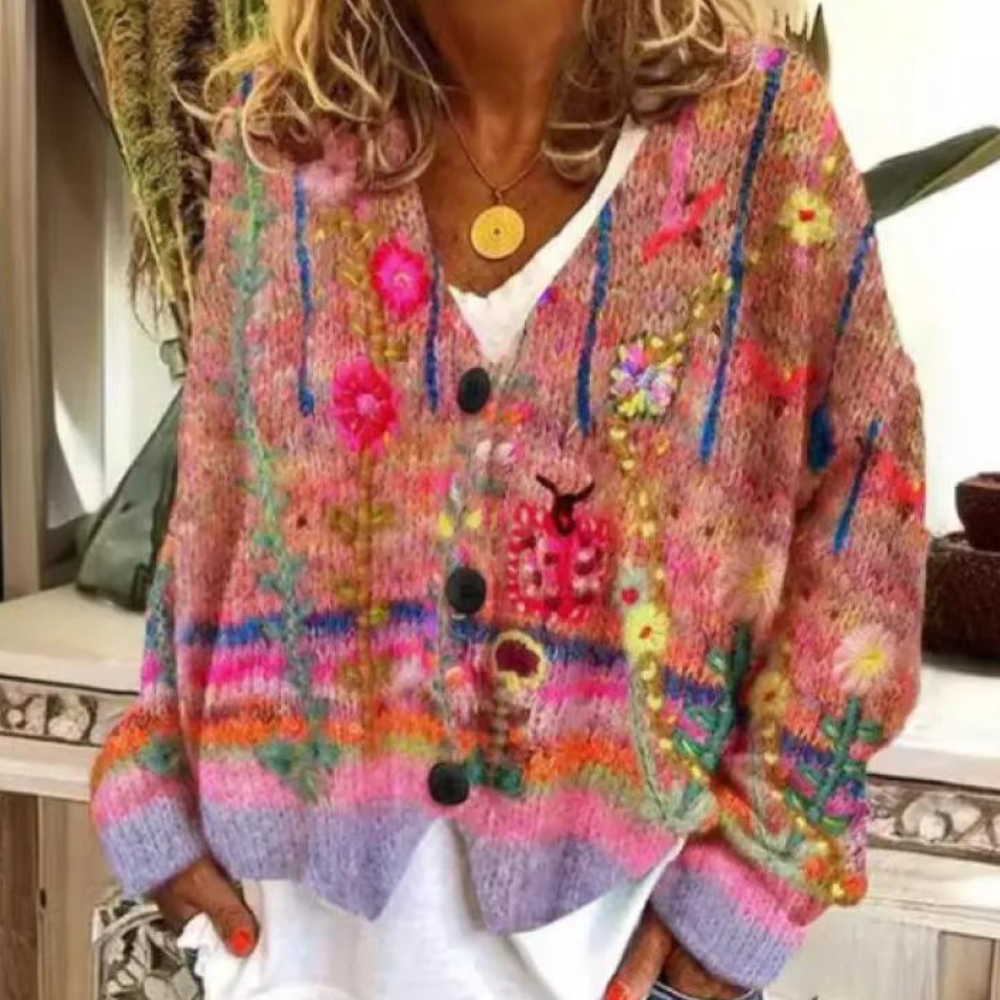 Cardigan Femme Oversize Tricot Confortable Motif Floral Encolure V Boutons Pour Style Bohème Décontracté