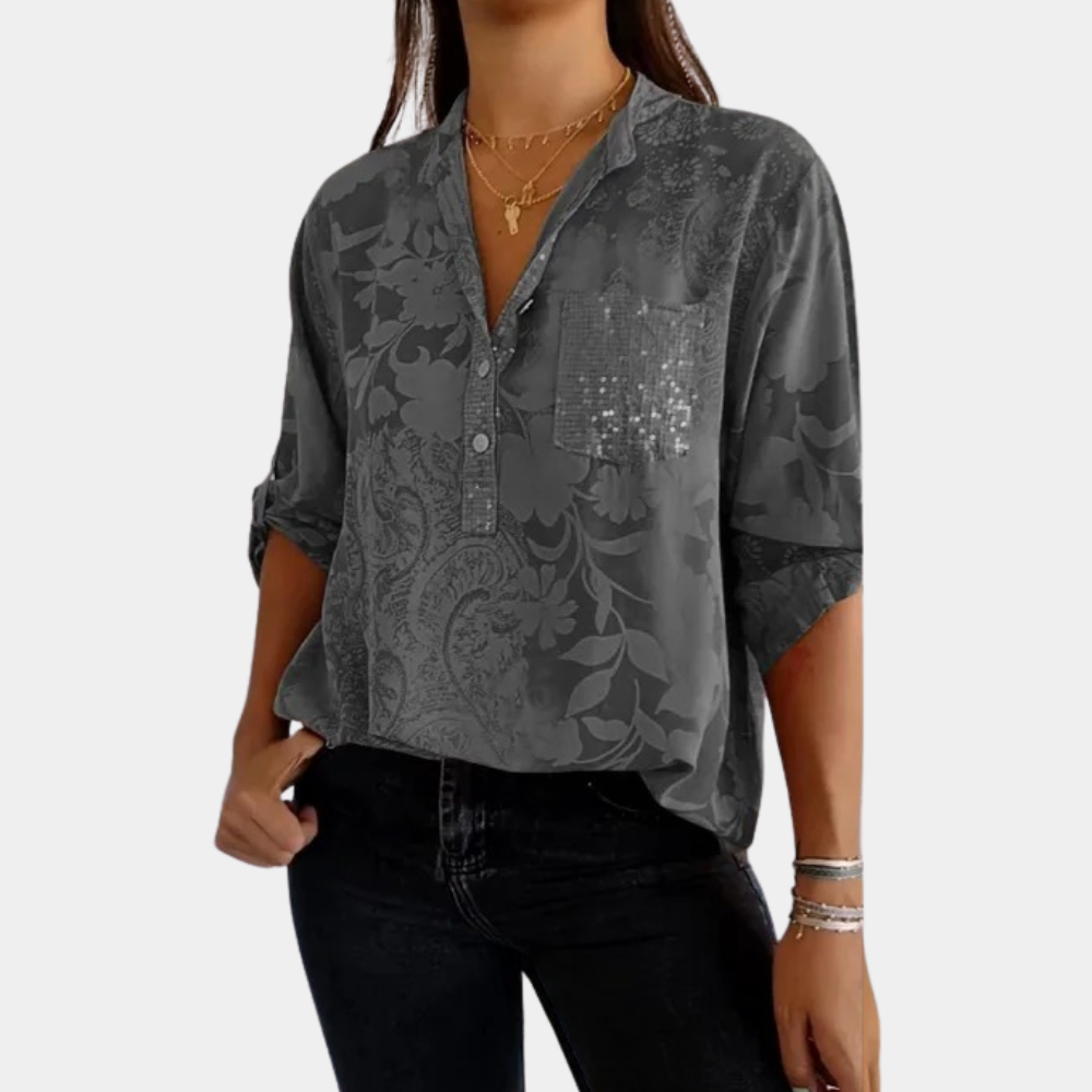 Blouse Femme Légère Respirante Encolure En V Boutons Manches Longues Coupe Ample Imprimé Floral Subtil