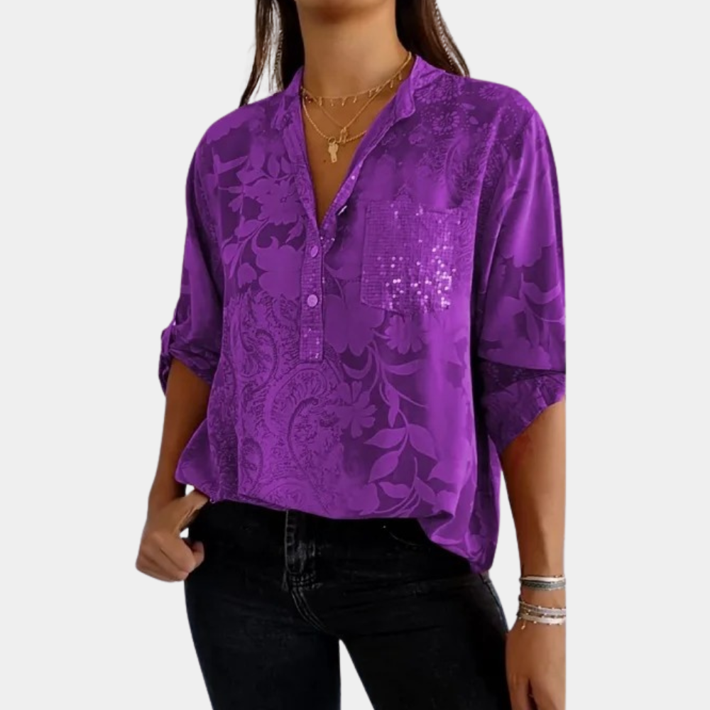 Blouse Femme Légère Respirante Encolure En V Boutons Manches Longues Coupe Ample Imprimé Floral Subtil