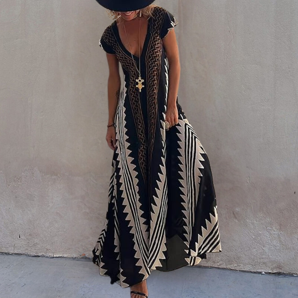 Robe Maxi Sans Manches Décolleté en V Coupe Légère Fluide Motif Géométrique Pour l'Été