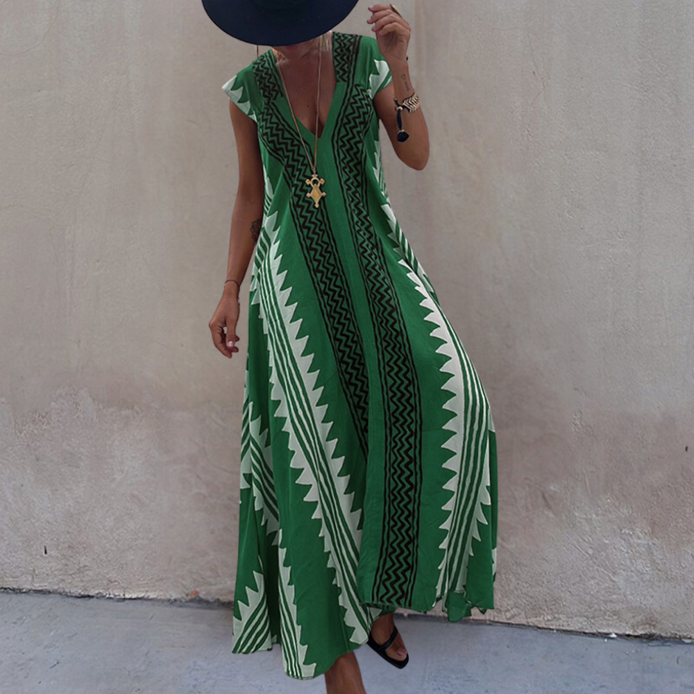 Robe Maxi Sans Manches Décolleté en V Coupe Légère Fluide Motif Géométrique Pour l'Été