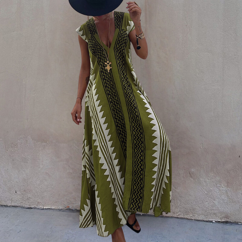Robe Maxi Sans Manches Décolleté en V Coupe Légère Fluide Motif Géométrique Pour l'Été