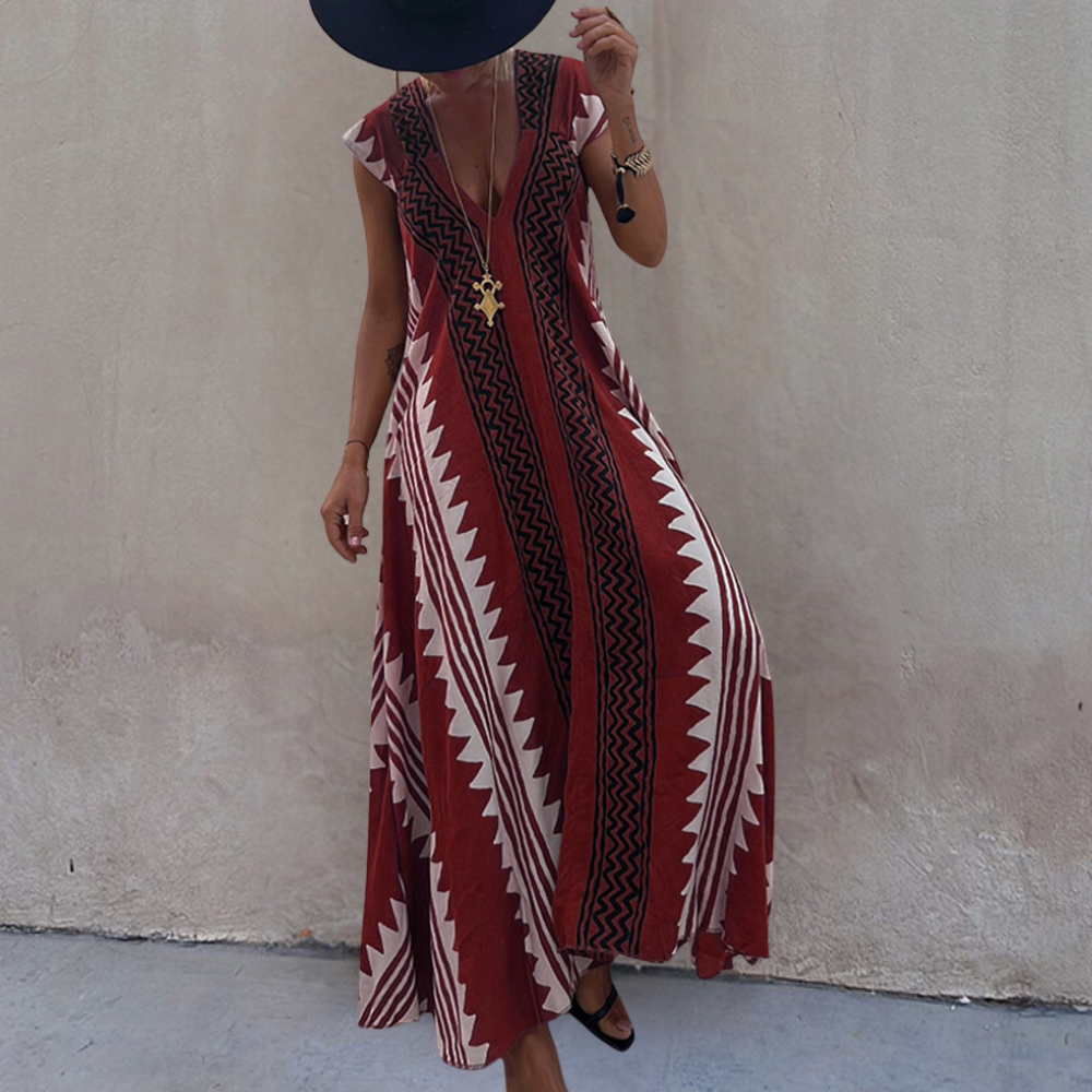 Robe Maxi Sans Manches Décolleté en V Coupe Légère Fluide Motif Géométrique Pour l'Été