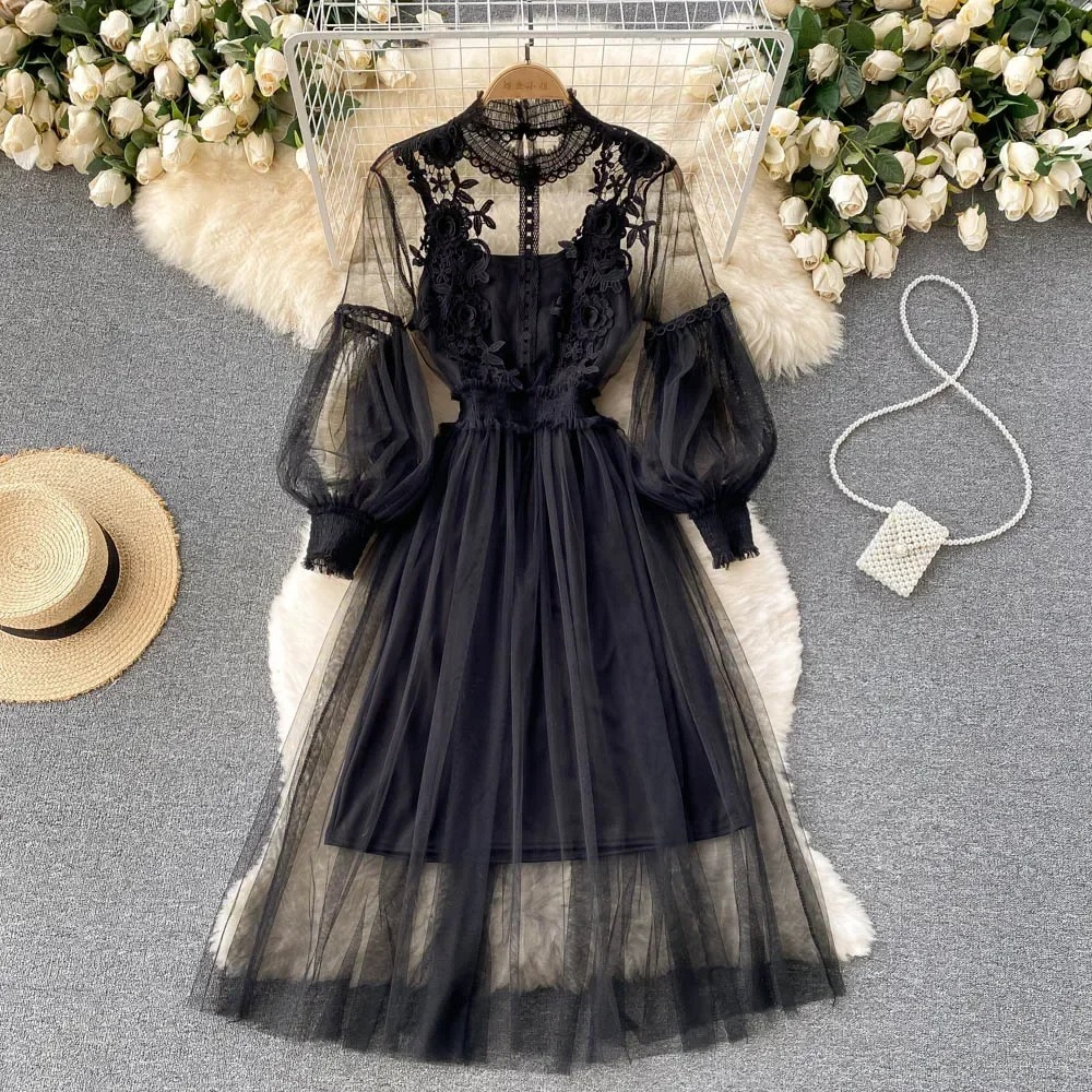 Robe Pour Femme En Dentelle Col Montant Avec Broderie Manches Bouffantes Jupe En Tulle