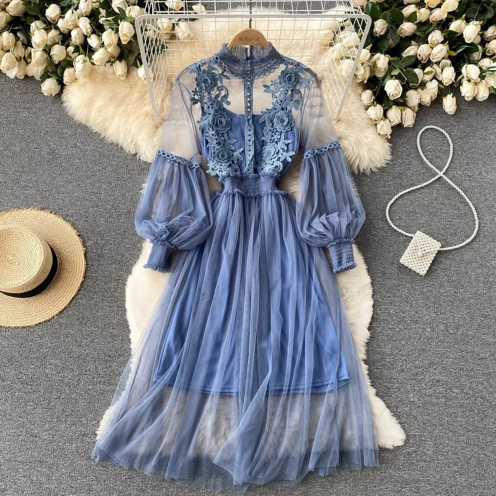 Robe Pour Femme En Dentelle Col Montant Avec Broderie Manches Bouffantes Jupe En Tulle