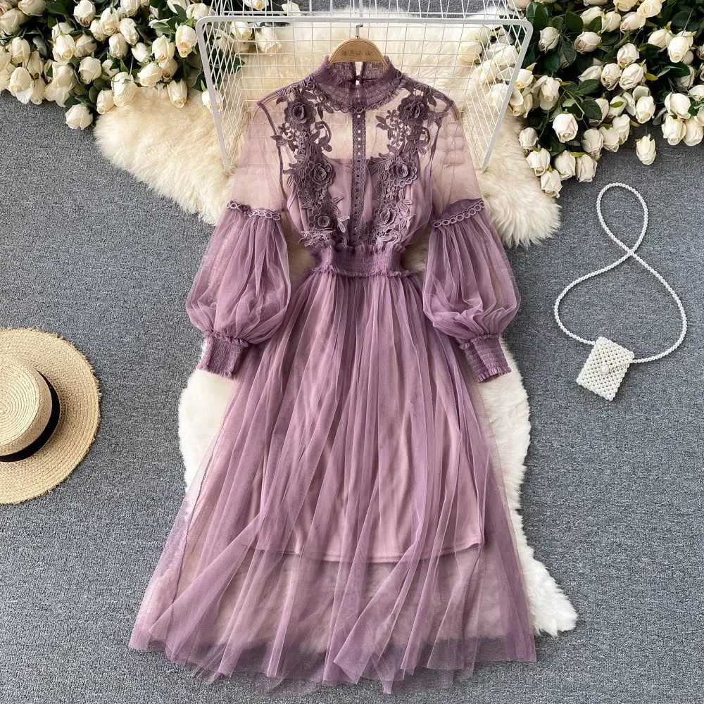 Robe Pour Femme En Dentelle Col Montant Avec Broderie Manches Bouffantes Jupe En Tulle