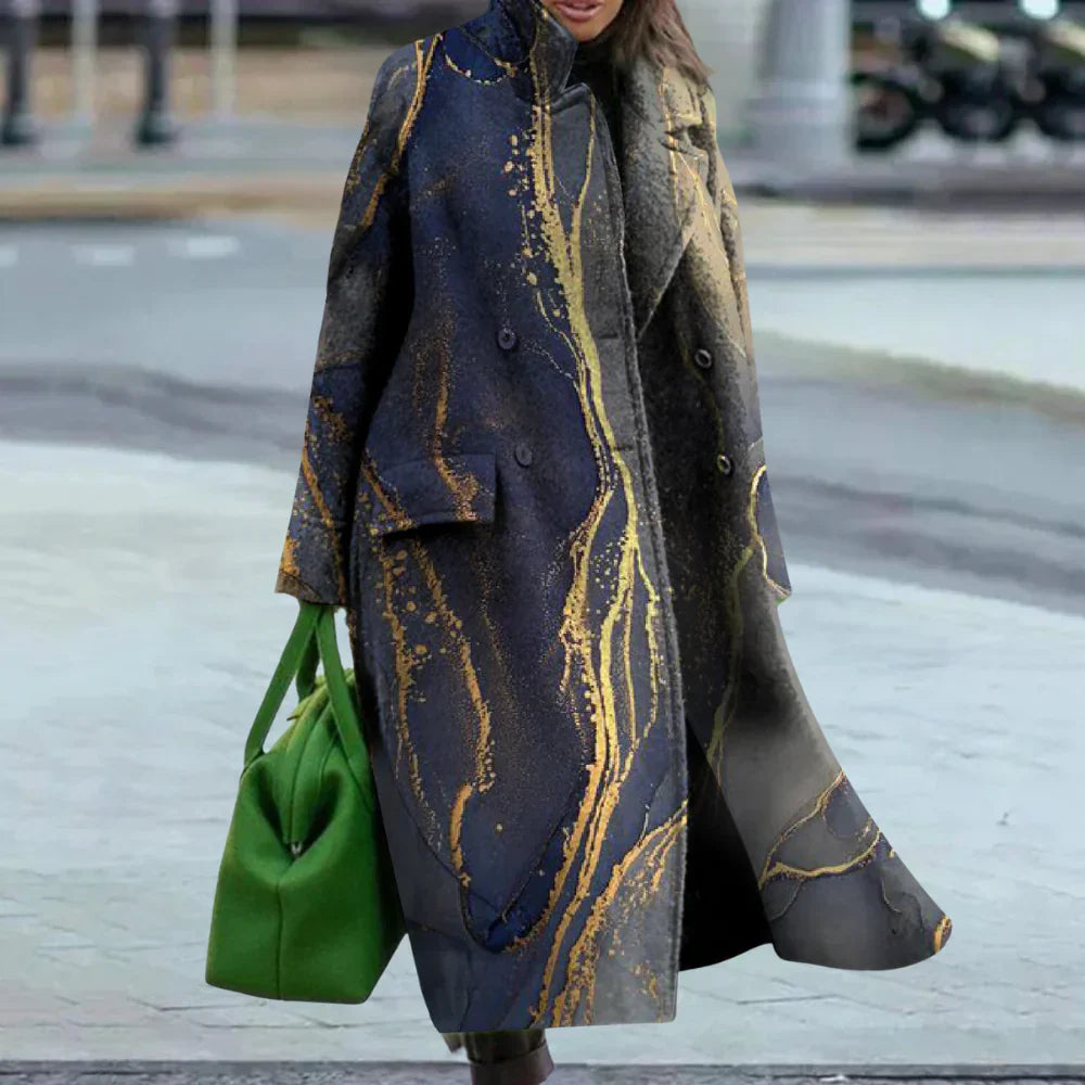 Manteau Femme En Laine Mélangée Coupe Oversize Longueur Totale Motif Abstract Boutonné Devant