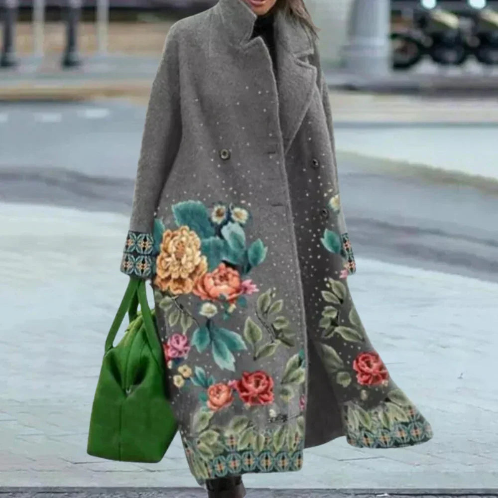 Manteau Femme En Laine Mélangée Coupe Oversize Longueur Totale Motif Abstract Boutonné Devant