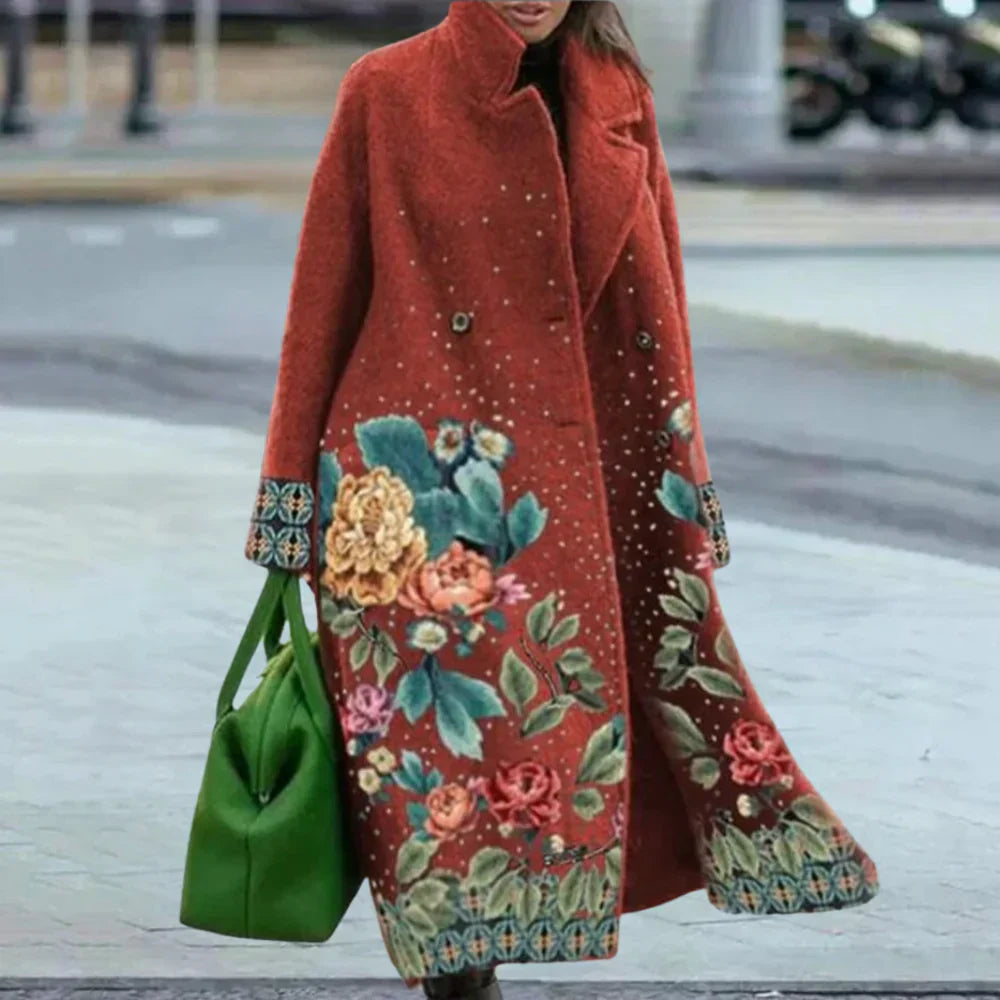 Manteau Femme En Laine Mélangée Coupe Oversize Longueur Totale Motif Abstract Boutonné Devant