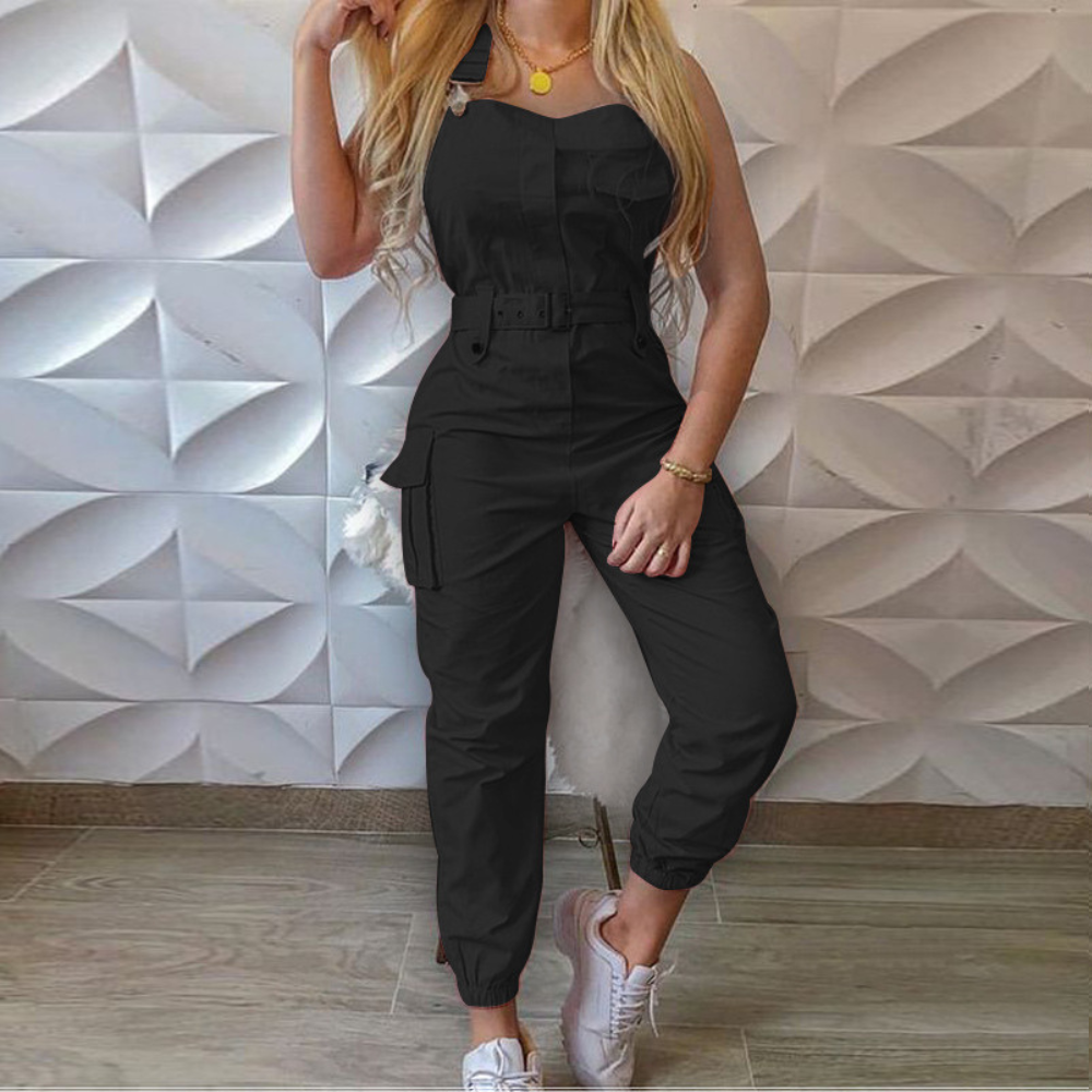 Combinaison Utilitaire Femme Ajustée Avec Poches Cargo Et Ceinture À La Taille Décolleté Asymétrique