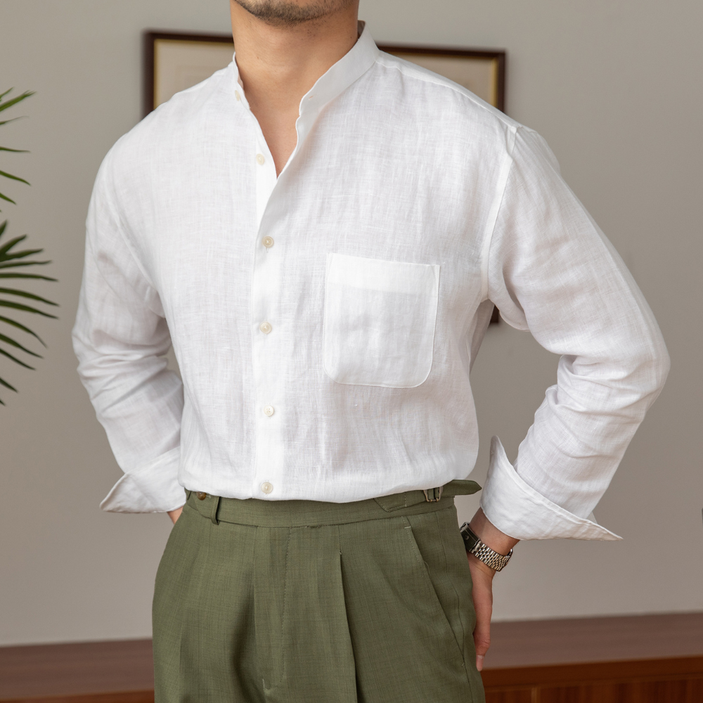 Chemise Décontractée En Mélange Lin Respirant Pour Homme Avec Col Mandarin Manches Longues