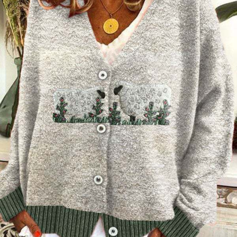 Cardigan Femme Col V Décontracté en Maille Douce Fermeture Bouton Motif Moutons Amusants Nordic Flair