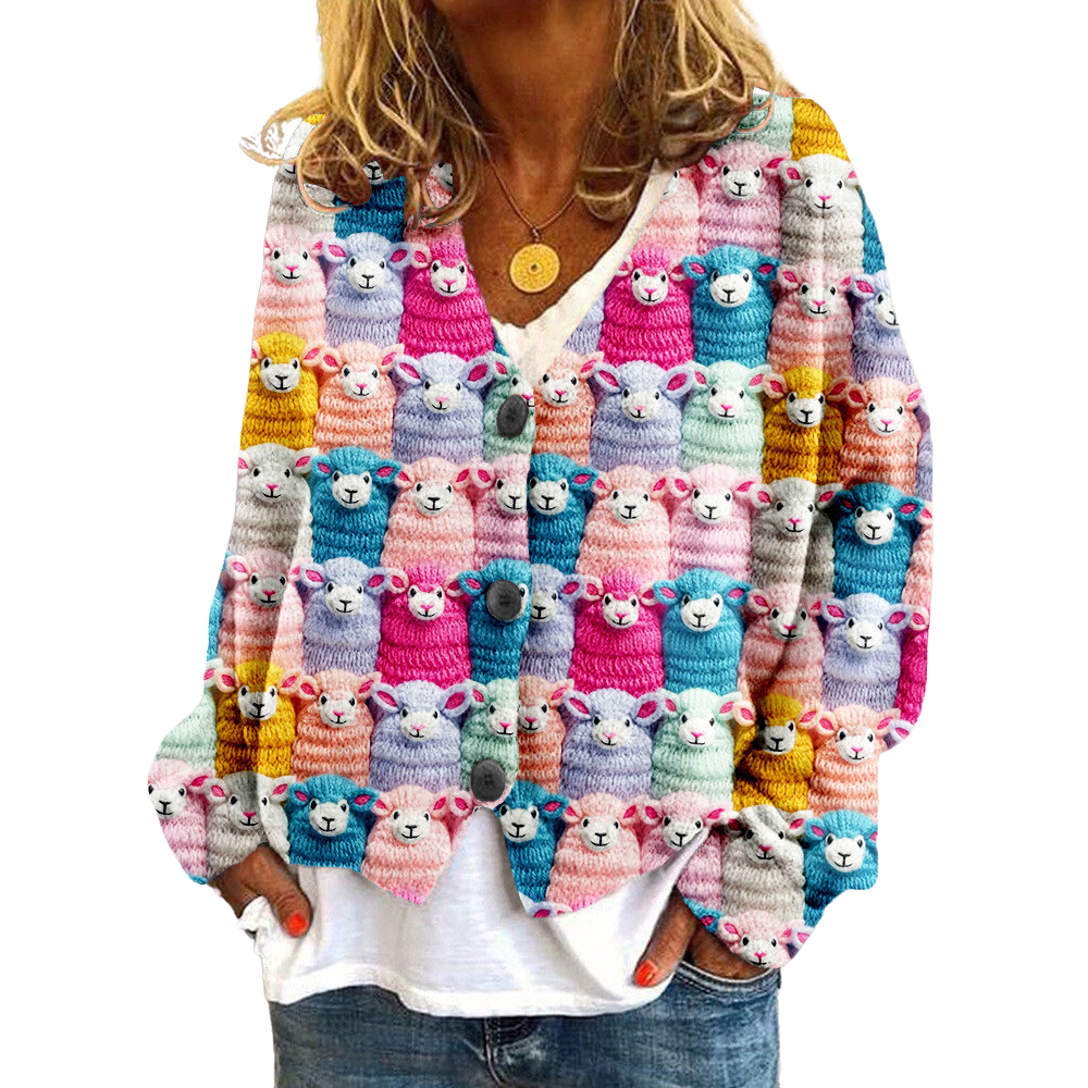 Cardigan Femme Col V Décontracté en Maille Douce Fermeture Bouton Motif Moutons Amusants Nordic Flair