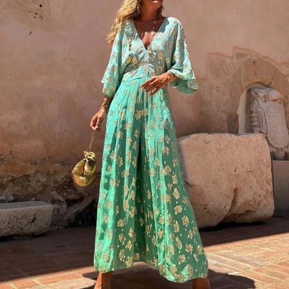 Robe Maxi Femme Coupe Décontractée Col V Manches Kimono Légère Et Élégante Pour Vacances Idéales
