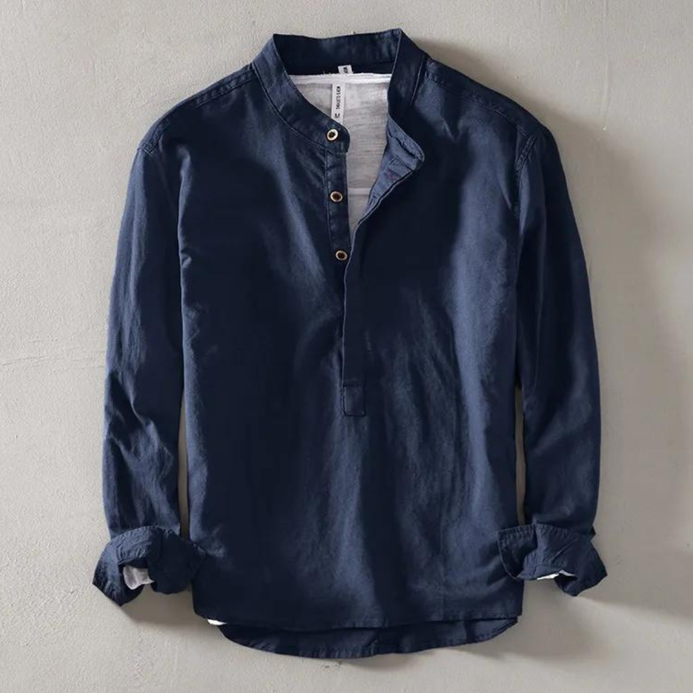 Chemise Henley Homme À Manches Longues Avec Col Mandarin En Mélange Coton Lin Respirant Confortable Léger