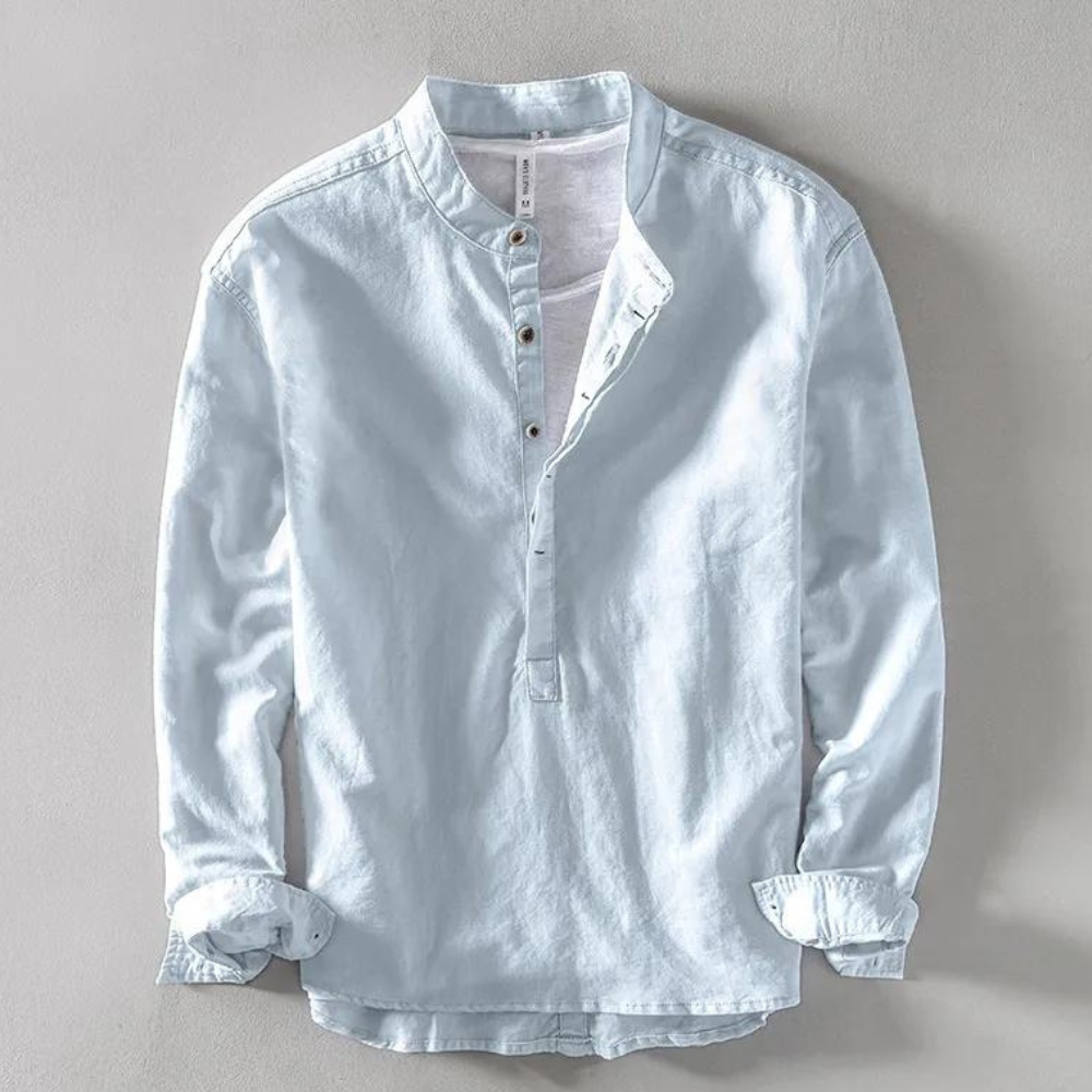 Chemise Henley Homme À Manches Longues Avec Col Mandarin En Mélange Coton Lin Respirant Confortable Léger