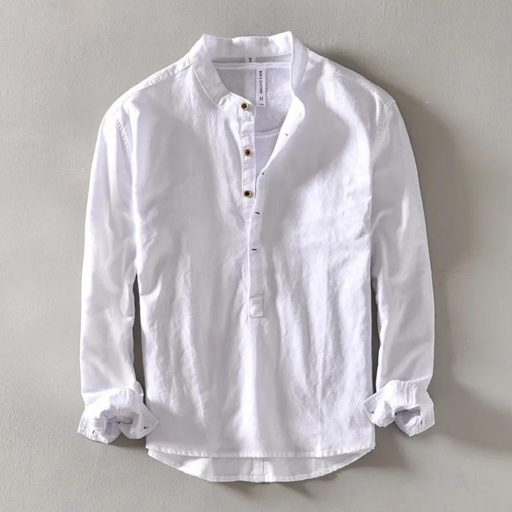 Chemise Henley Homme À Manches Longues Avec Col Mandarin En Mélange Coton Lin Respirant Confortable Léger