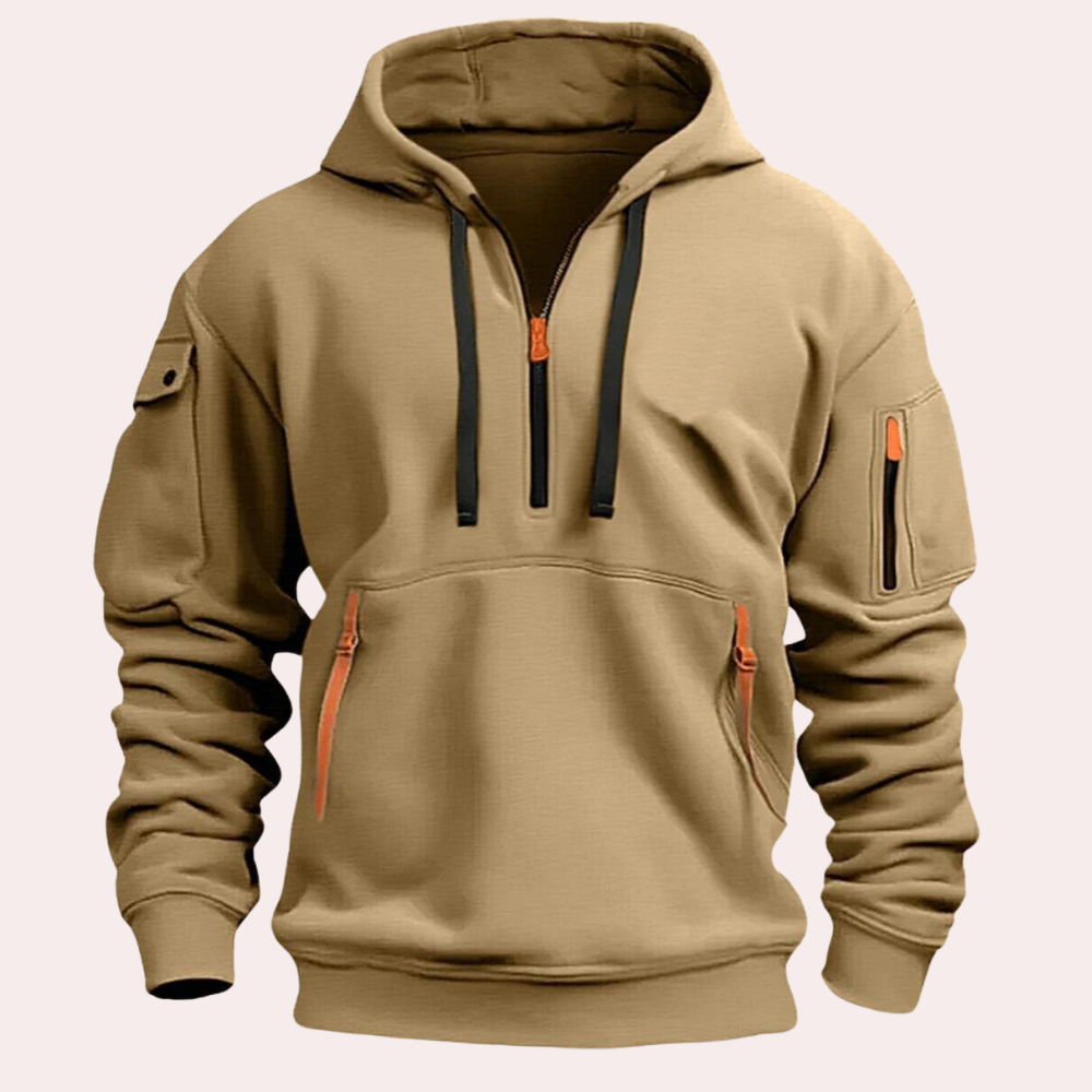 Sweat À Capuche Homme Demi Zip Capuche Ajustable Poches Zippées Décontracté Confortable Et Pratique Pour Automne